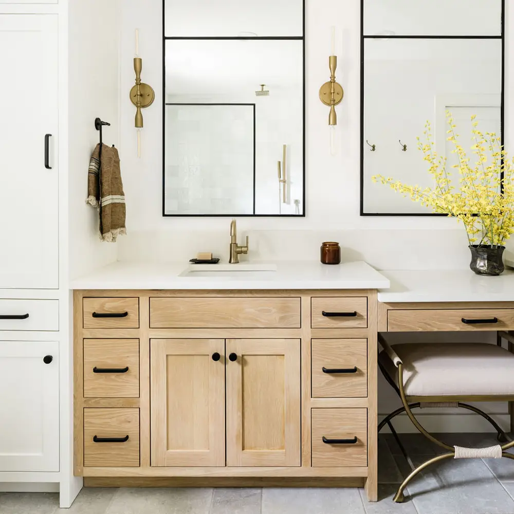 Interior Designers, upscale bathroom with wood and marble accents